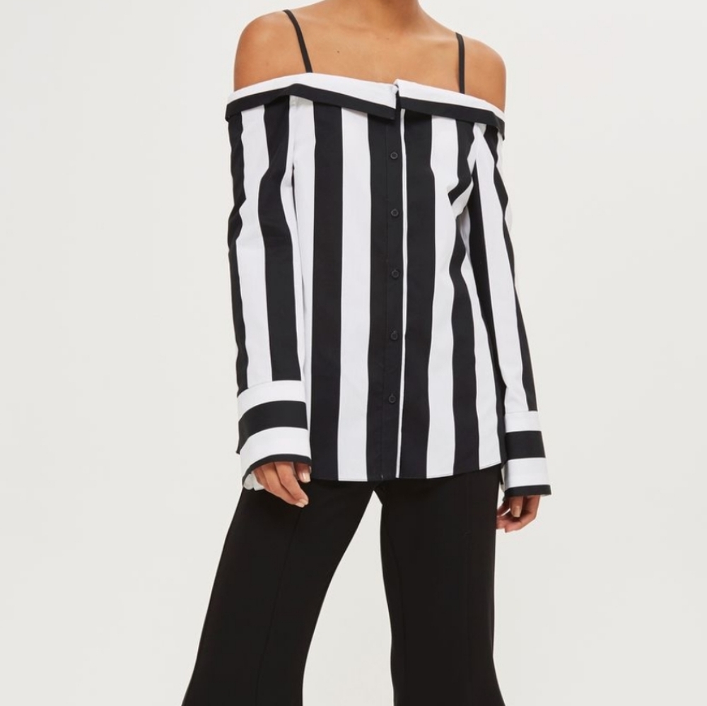 TOPSHOP Black & White Stripe Off-Shoulder Blouse